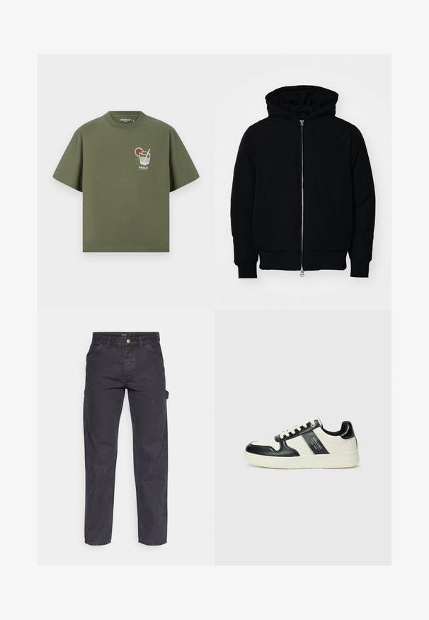 Svart hettejakke med frontglidelås, kengurulomme, ribbestrikket mansjetter og søm, vist på en ensfarget hvit bakgrunn.; Oliven grønn bomull t-skjorte med korte ermer, med et trykt design av et cocktailglass og teksten "AMALFI COAST" i hvitt under.; Mørkegrå cargo bukser laget av slitesterkt stoff, med rett benklipp, fem lommer og knapplukking i livet.; Lædersneakers med sort og creme farveskema, der har perforerede detaljer, en polstret krave og en struktureret ydersål.