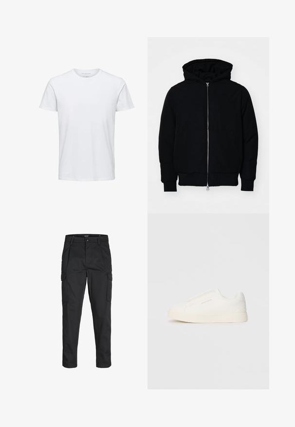 Fekete kapucnis dzseki elülső cipzárral, kenguruzsebbel, bordázott mandzsettákkal és aba, egy sima fehér háttér előtt.; Fehér, rövid ujjú póló, puha pamutból készült, kerek nyakkivágással és szabványos köntösállással, minták vagy látható fémrész nélkül.; Fekete cargo nadrág, amely tartós anyagból készült, több zsebet tartalmaz, gombos záródással rendelkezik, és karcsú szabású, szűkített lábakkal bír.; Fehér slip-on sportcipők texturált felülettel, vastag talppal és minimalista dizájnnal. Az oldalon a márka logója található.