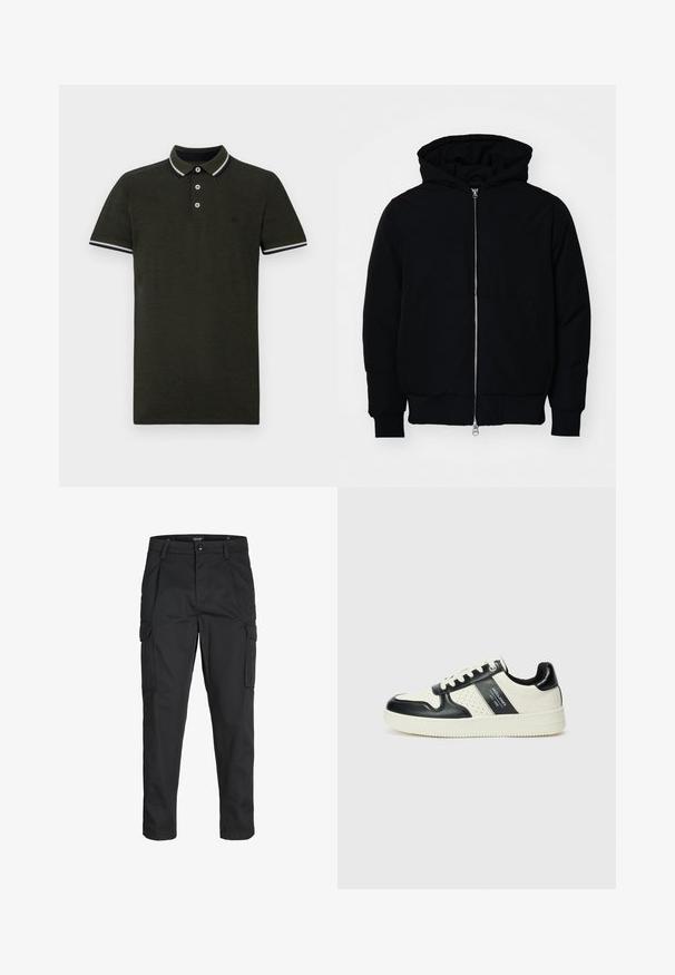 Sort hættejakke med frontlynlås, kængurulomme, ribbede manchetter og kant, præsenteret på en ensfarvet hvid baggrund.; Mørkegrøn polo skjorte lavet af tekstureret stof. Har en to-knaps lukning, kontraststribede krave og ærmekanter i hvid og marineblå.; Sorte cargo-bukser lavet af slidstærkt stof, der har flere lommer, en knaplukning og et slim fit design med smalle ben.; Lædersneakers i sort og creme farveskema, med perforerede detaljer, en polstret krave og en struktureret ydersål.