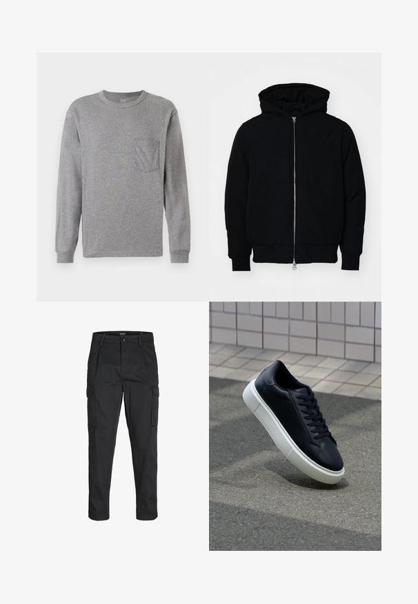 Giacca nera con cappuccio, dotata di zip frontale, tasca a marsupio, polsini e orlo a coste, esposta su uno sfondo bianco semplice.; T-shirt grigio a maniche lunghe con colletto rotondo, dotato di taschino sul petto e polsini a costine. Realizzato in morbido cotone leggero.; Pantaloni cargo neri realizzati in un tessuto resistente, dotati di molteplici tasche, chiusura con bottone e un design aderente con gambe affusolate.; Sneaker in pelle nera con punta arrotondata e suola in gomma bianca. Presenta lacci piatti e cuciture minime sulla parte superiore. Suola testurizzata per una migliore aderenza.