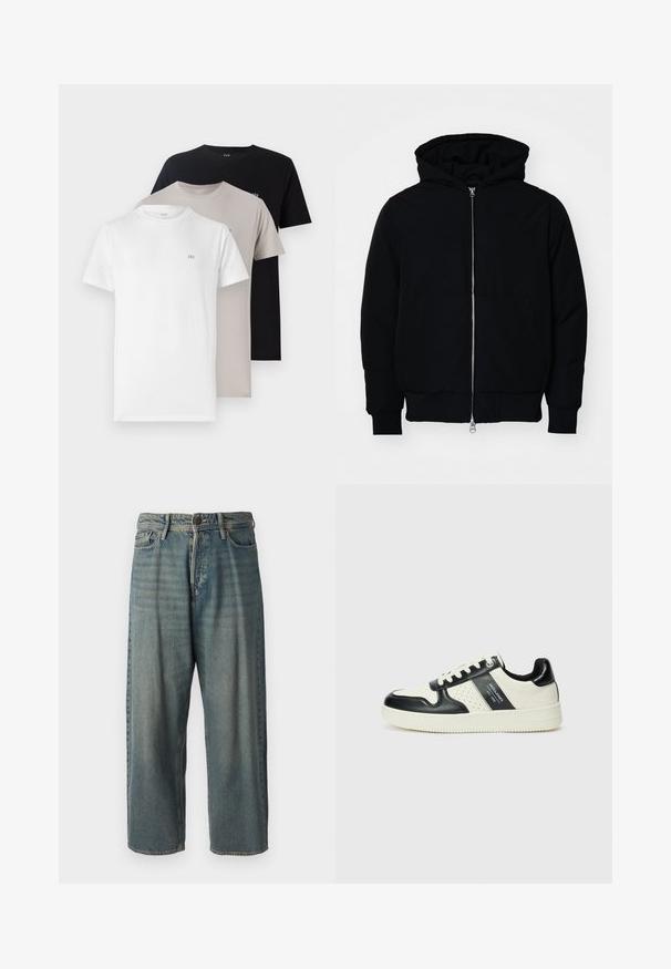 Schwarze Kapuzenjacke mit Frontreißverschluss, Kängurutasche, gerippten Bündchen und Saum, auf einem schlichten weißen Hintergrund präsentiert.; Drei Rundhals-T-Shirts in Weiß, Beige und Schwarz, aus einem weichen Baumwollmaterial gefertigt, mit einem kleinen Logo auf der Brust in jeder Farbe.; Helle blaue Denim-Jeans mit lockerer Passform, mittelhoher Taille und geraden Beinen. Hat fünf Taschen, Gürtelschlaufen und einen Knopfverschluss.; Leder-Sneaker in Schwarz- und Cremetönen, mit perforierten Akzenten, einem gepolsterten Kragen und einer strukturierten Laufsohle.