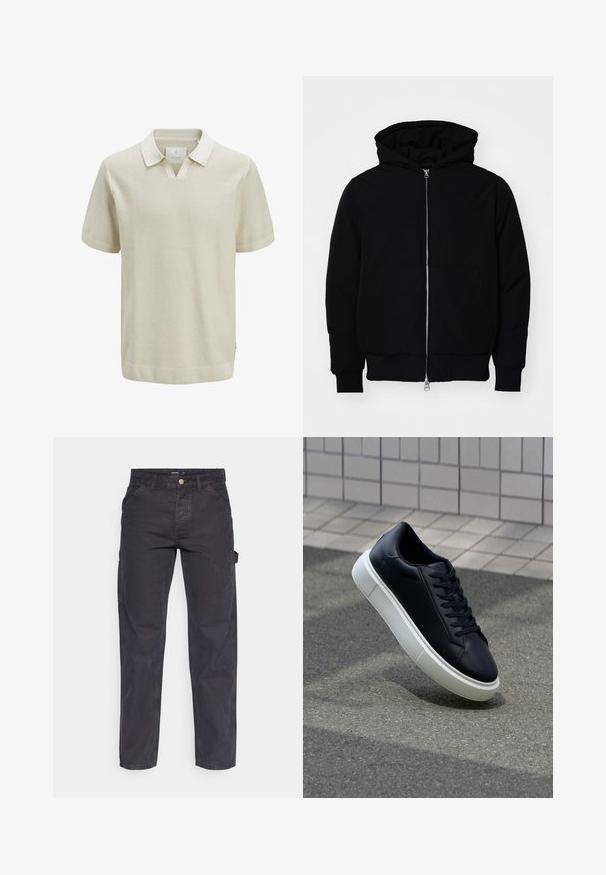 Črna kapuca jakna s sprednjim zadrgo, kenguru žepom, rebrastimi manšetami in hemom, razstavljena na enostavni beli ozadju.; Polo majica s kratkimi rokavi v bež barvi z teksturiranim pletenim vzorcem, kontrastnim ovratnikom in rebrastimi manšetami. Ima v-edini izrez in poudarke ob straneh.; Temno sivi cargo hlače iz trpežnega materiala, z ravnim krojem nogavic, petimi žepi in gumbom za zapiranje v pasu.; Črne usnjene superge z zaobljenim prstom in belim gumijastim podplat. Imajo ravne vezalke in minimalno šivanje na zgornjem delu. Teksturirani podplat za oprijem.