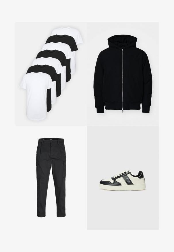 Črna kapuca jakna s sprednjim zadrgo, kenguru žepom, rebrastimi manšetami in hemom, razstavljena na enostavni beli ozadju.; Nabor osmih majic v črni in beli barvi. Bombažni material, kratki rokavi, standardna oblika, gladka tekstura, z oznako.; Črne cargo hlače iz trdnega blaga, ki imajo več žepov, gumbasto zapiranje in ozek kroj z zožanimi nogami.; Usnjeni športni čevlji z črno in krem barvno shemo, ki vključujejo perforirane dodatke, podložen ovratnik in strukturirano podplat.