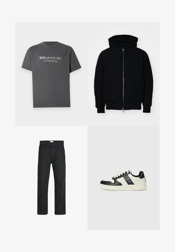 Černá kapucňová bunda s předním zipem, klokaní kapsou, vroubkovanými manžetami a spodním lemem, vystavená na čistém bílém pozadí.; Šedé bavlněné tričko s bílými tištěnými grafikami, včetně čárového kódu, UFO, postavy, plamene a donutu. Klasický design s kulatým výstřihem.; Černé kalhoty vyrobené z odolné tkaniny, s rovnými nohavicemi, šitými akcenty a dvěma předními kapsami pro praktičnost.; Kožené tenisky s černobílou barevnou kombinací, které mají perforované detaily, polstrovaný límec a texturovanou podrážku.