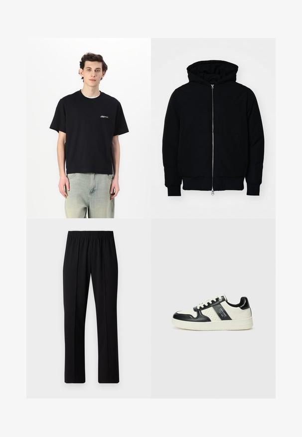 Schwarze Kapuzenjacke mit Frontreißverschluss, Kängurutasche, gerippten Bündchen und Saum, auf einem schlichten weißen Hintergrund präsentiert.; Schwarzes Baumwoll-T-Shirt mit kurzen Ärmeln und Rundhalsausschnitt, mit weißen Logo-Details auf der Brust, kombiniert mit hellblauen Jeans.; Schwarze, Gummibund-Hosen mit geradem Schnitt, die eine glatte Textur aufweisen und keine sichtbaren Muster oder Beschläge haben.; Leder-Sneaker in Schwarz- und Cremetönen, mit perforierten Akzenten, einem gepolsterten Kragen und einer strukturierten Laufsohle.