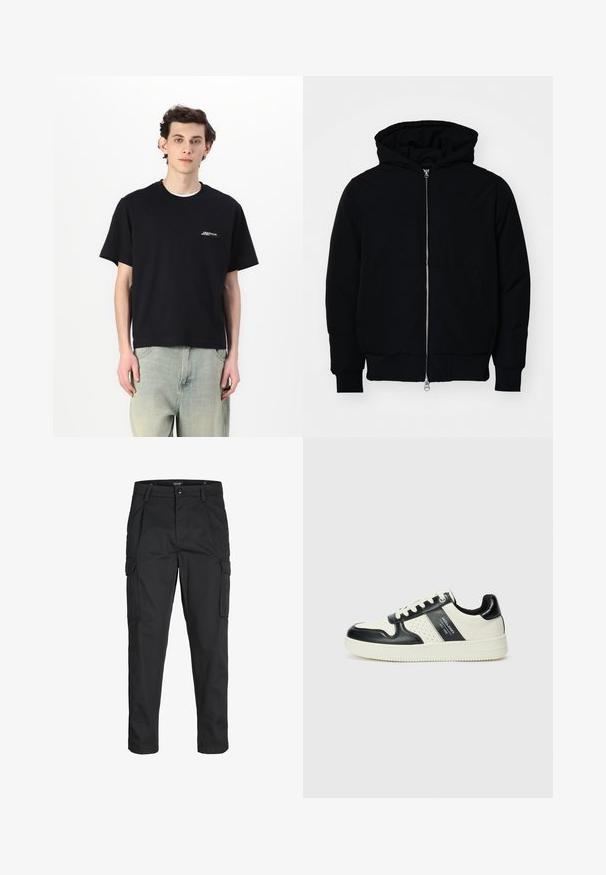 Veste à capuche noire avec fermeture éclair sur le devant, poche kangourou, poignets et ourlet côtelés, présentée sur un fond blanc uni.; T-shirt noir en coton à manches courtes avec un col rond et un détail de logo blanc sur la poitrine, associé à un jean bleu clair.; Pantalons cargo noirs en tissu résistant, dotés de plusieurs poches, d'une fermeture par bouton et d'une coupe slim avec des jambes fuselées.; Baskets en cuir avec un schéma de couleurs noir et crème, dotées d'accents perforés, d'un col rembourré et d'une semelle texturée.
