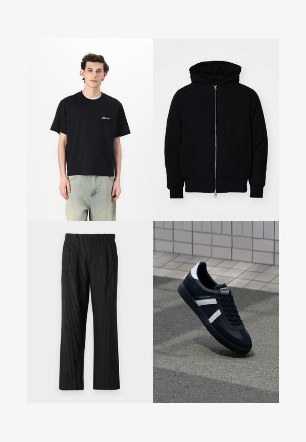 Černá kapucňová bunda s předním zipem, klokaní kapsou, vroubkovanými manžetami a spodním lemem, vystavená na čistém bílém pozadí.; Černé bavlněné tričko s krátkým rukávem a kulatým výstřihem, se bílým logem na hrudi, spárované s světle modrými džínami.; Jack & Jones JPSTBILL JJDAYTONA WIDE - Kalhoty - black; Černé kožené tenisky s bílými pruhy, texturovanou gumovou podrážkou a šněrováním vpředu. Obsahují značenou etiketu na jazyku.