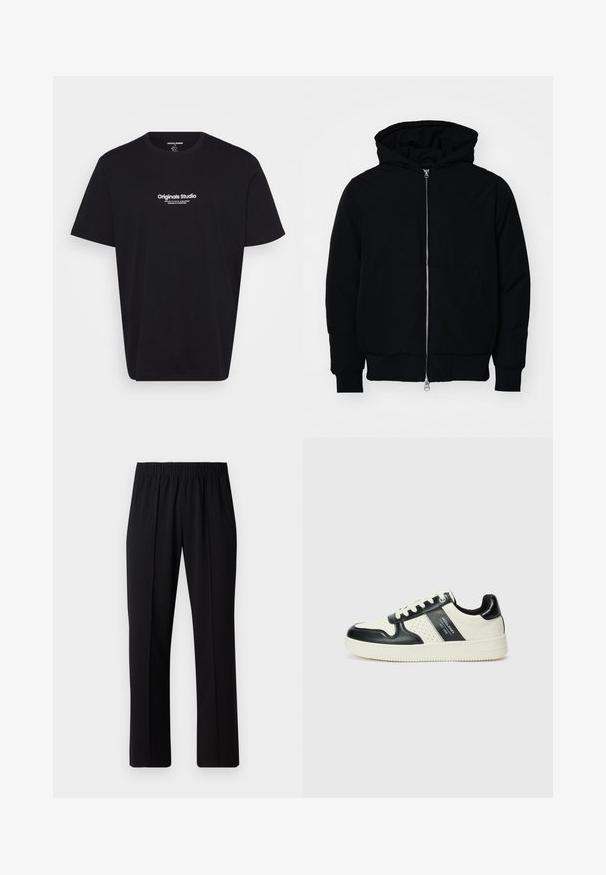 Black hooded jacket with front zipper, kangaroo pocket, ribbed cuffs, and hem, displayed on a plain white background.; Black cotton T-shirt with short sleeves, crew neck, and white text "Originals Studio" printed on the front. Smooth texture, relaxed fit.; Black, elastic-waist trousers with a straight-leg design, featuring a smooth texture and no visible patterns or hardware.; Leather sneakers with a black and cream color scheme, featuring perforated accents, a padded collar, and a textured outsole.