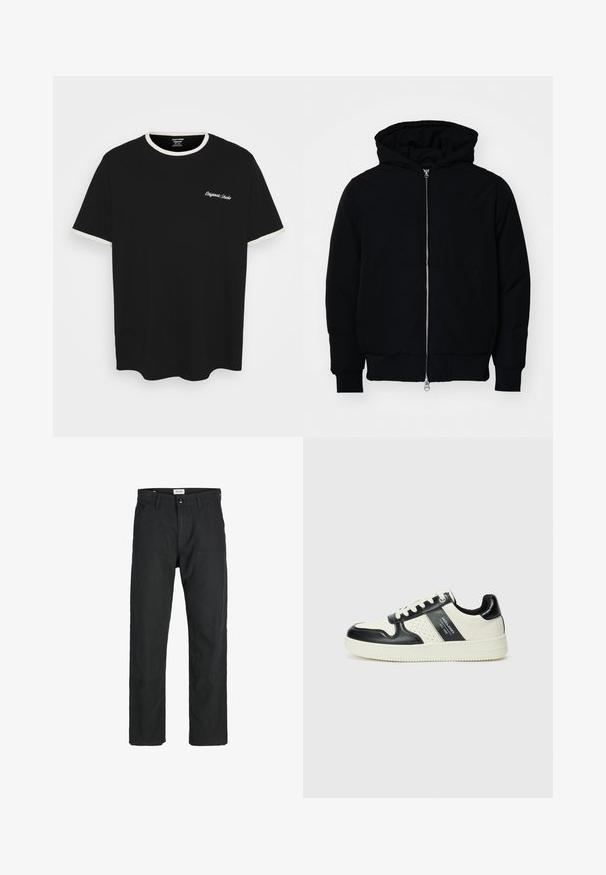 Chaqueta negra con capucha, cierre frontal, bolsillo tipo canguro, y puños y dobladillo acanalados, exhibida sobre un fondo blanco liso.; Camiseta de algodón negra con un cuello y puños de manga de canalé crema. La camiseta incluye texto bordado blanco en el pecho.; Pantalones negros de tela duradera, con un diseño de pierna recta, detalles cosidos y dos bolsillos frontales para mayor funcionalidad.; Zapatillas de cuero con un esquema de colores negro y crema, que cuentan con acentos perforados, un collar acolchado y una suela texturizada.