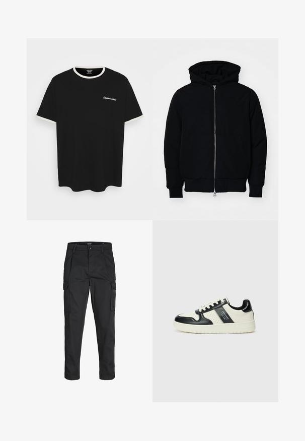 Black hooded jacket with front zipper, kangaroo pocket, ribbed cuffs, and hem, displayed on a plain white background.; Black cotton t-shirt featuring a cream ribbed neckline and sleeve cuffs. The shirt includes white embroidered text on the chest.; Black cargo pants made of sturdy fabric, featuring multiple pockets, a button closure, and a slim fit design with tapered legs.; Leather sneakers with a black and cream color scheme, featuring perforated accents, a padded collar, and a textured outsole.