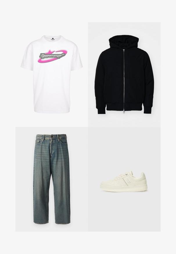 Czarna kurtka z kapturem, z suwakiem z przodu, kieszenią kangurką, ściągaczami przy mankietach i dolnym brzegu, prezentowana na jednolitym białym tle.; Biała bawełniana koszulka z dużą szaro-różową grafiką "speed" przedstawiającą gwiazdę i wzór orbity na przodzie.; Jasnoniebieskie dżinsy o luźnym kroju, średnim stanie i prostych nogawkach. Posiadają pięć kieszeni, szlufki na pasek oraz zapięcie na guzik.; Kremowe sneakersy z perforowanymi detalami, sznurowadłami i logo z boku, prezentowane na jednolitym białym tle.