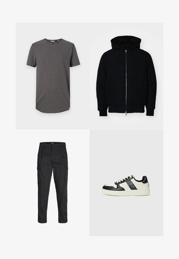 Schwarze Kapuzenjacke mit Frontreißverschluss, Kängurutasche, gerippten Bündchen und Saum, auf einem schlichten weißen Hintergrund präsentiert.; Schwarz-weißer gestreifter T-Shirt mit kurzen Ärmeln, Rundhalsausschnitt und abgerundetem Saum. Weicher Stoff mit lässiger Passform. Etikett innen sichtbar.; Schwarze Cargo-Hose aus robustem Material, mit mehreren Taschen, einem Knopfverschluss und einem Slim-Fit-Design mit schmal zulaufenden Beinen.; Leder-Sneaker in Schwarz- und Cremetönen, mit perforierten Akzenten, einem gepolsterten Kragen und einer strukturierten Laufsohle.