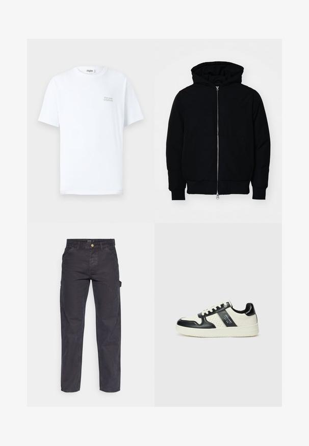 Melna kapucēta jaka ar priekšējo rāvējslēdzēju, kenguru kabatu, ribinātām aprocēm un apakšmalu, parādīta uz vienkārša balta fona.; Balts kokvilnas T-krekls ar īsām piedurknēm, apaļu izgriezumu un nelielu pelēku logo "the new originals" kreisajā krūtīs.; Tumši pelēki kravas bikses, kas izgatavotas no izturīga auduma, ar taisnu piegriezumu, piecām kabatām un pogu aizdari viduklī.; Ādas sporta apavi ar melnbaltu krāsu shēmu, ar perforētiem akcentiem, mīkstinātu apkakli un teksturētu zoli.