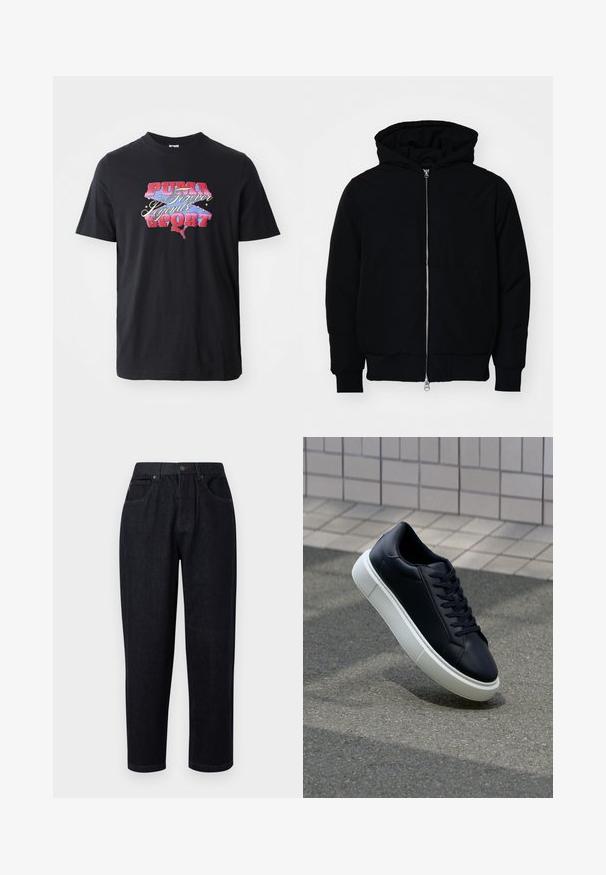 Melna kapucēta jaka ar priekšējo rāvējslēdzēju, kenguru kabatu, ribinātām aprocēm un apakšmalu, parādīta uz vienkārša balta fona.; Melna īsām piedurknēm T-kreksa izgatavota no kokvilnas, ar krāsainu grafisko druku, kurā ir teksts "PUMA Forever Legends SPORT."; Tumši zili džinsu bikses ar brīvu piegriezumu, ar pogu un rāvējslēdzēju aizdari, divām priekšējām kabatām un izšūšanas akcentiem.; Melnas ādas kedas ar noapaļotu pirkstu un baltu gumijas zoli. Iespējas - plakanas šņorītes un minimāla apdare augšdaļā. Struktūrēta zole, lai nodrošinātu saķeri.