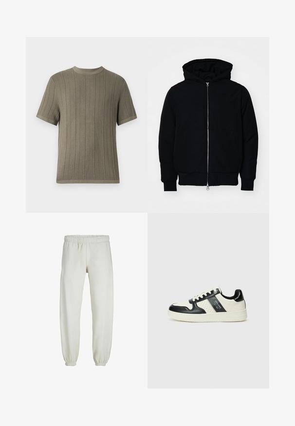 Crna kapuška jakna s prednjim zatvaračem, kenguru džepom, rebrastim manžetama i rubom, prikazana na običnoj bijeloj pozadini.; Maslinasto zelena kratka pletena majica kratkih rukava s rebrastom teksturom, okruglim izrezom i ravnim rubom. Ima ravnomjerno raspoređene vertikalne pruge.; Bijele trenirke napravljene od mekanog materijala, s elastikom u struku i na manžetama, glatke teksture i labavog kroja.; Kožne tenisice s crno-bijelom paletom boja, koje imaju perforirane akcentne detalje, podstavljeni ovratnik i teksturiranu potplat.