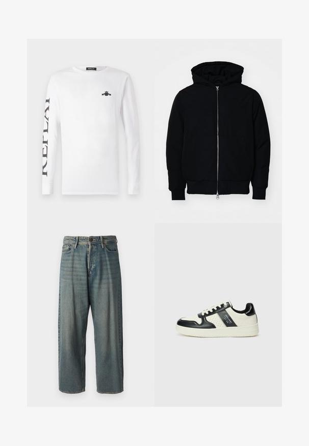 Schwarze Kapuzenjacke mit Frontreißverschluss, Kängurutasche, gerippten Bündchen und Saum, auf einem schlichten weißen Hintergrund präsentiert.; Weißes Langarm-T-Shirt aus Baumwolle mit einem schwarzen Logo auf der Brust und "REPLAY" vertikal am linken Ärmel bedruckt.; Helle blaue Denim-Jeans mit lockerer Passform, mittelhoher Taille und geraden Beinen. Hat fünf Taschen, Gürtelschlaufen und einen Knopfverschluss.; Leder-Sneaker in Schwarz- und Cremetönen, mit perforierten Akzenten, einem gepolsterten Kragen und einer strukturierten Laufsohle.