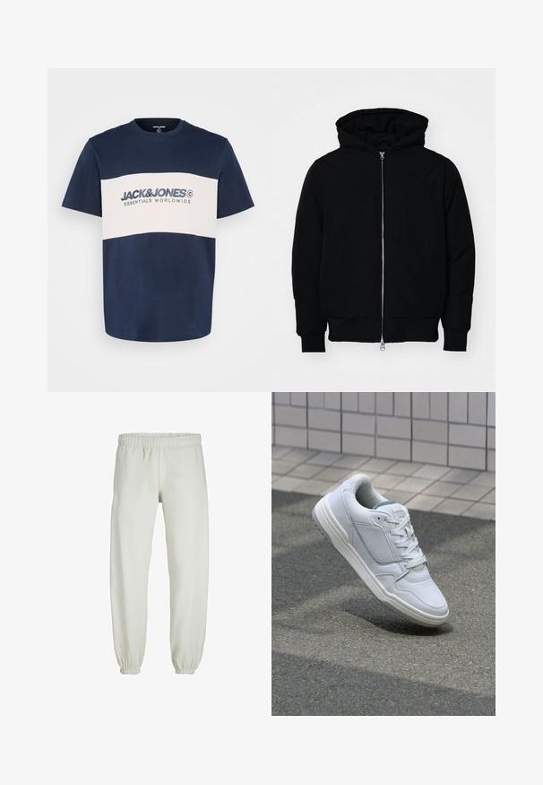 Juodas gobtuvėlis su priekiniu užtrauktuku, kengūros tipo kišene, lygiais rankogaliais ir apvadu, pateiktas ant vientiso balto fono.; Jack & Jones JJELEGACY BLOCKING TEE O NECK - Marškinėliai su spaudiniu - navy; Baltos sportinės kelnės, pagamintos iš minkštos medžiagos, su elastinga juosmeniu ir rankogaliais, turinčios lygią tekstūrą ir laisvą siluetą.; Baltos odinės sportinės bateliai su perforuotais šonais, tekstūruotais akcentais, plokščiomis raištelėmis ir kontrastingu pilku kulnu. Yra šiek tiek pakelti padas.
