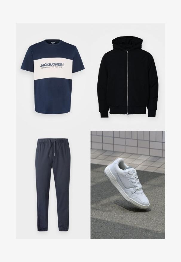 Sort hættejakke med frontlynlås, kængurulomme, ribbede manchetter og kant, præsenteret på en ensfarvet hvid baggrund.; Jack & Jones JJELEGACY BLOCKING TEE O NECK - T-shirts print - navy; Marineblå tapered jogger-bukser med elastisk talje, snøre og elastiske manchetter, der har et glat, let stof.; Hvide lædersneakers med perforerede sider, teksturerede detaljer, flade snørebånd og en kontrasterende grå hæl. Har en let forhøjet sål.