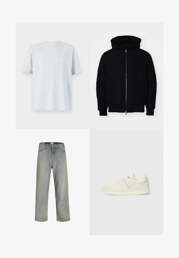 Black hooded jacket with front zipper, kangaroo pocket, ribbed cuffs, and hem, displayed on a plain white background.; Light blue cotton t-shirt with a crew neckline and short sleeves. Features a small white logo on the left chest area. Smooth texture.; Light gray, loose-fitting jeans made of denim. Features a classic five-pocket design, belt loops, and a straight leg silhouette.; Cream-colored sneaker with perforated detailing, laces, and logo on the side, displayed against a plain white background.