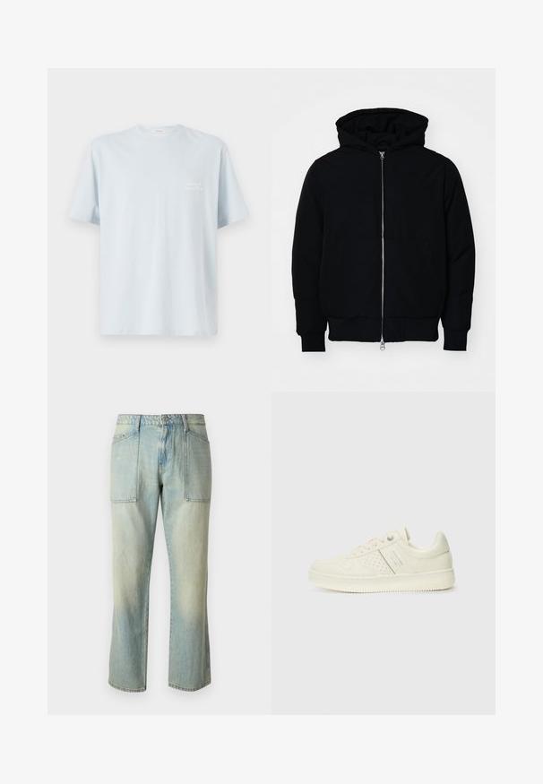 Zwarte hoodie met rits aan de voorkant, kangoeroe-pocket, geribbelde manchetten en zoom, weergegeven op een effen witte achtergrond.; Lichtblauw katoenen t-shirt met een ronde hals en korte mouwen. Bevat een klein wit logo op het linkerborstgedeelte. Glad textuur.; Lichtblauwe denim jeans met een rechte pijp, zichtbare stiksels en twee grote voorkruiden. De stof heeft een vervaagd uiterlijk.; Crème-kleurige sneaker met geperforeerde details, veters en een logo aan de zijkant, weergegeven tegen een eenvoudige witte achtergrond.