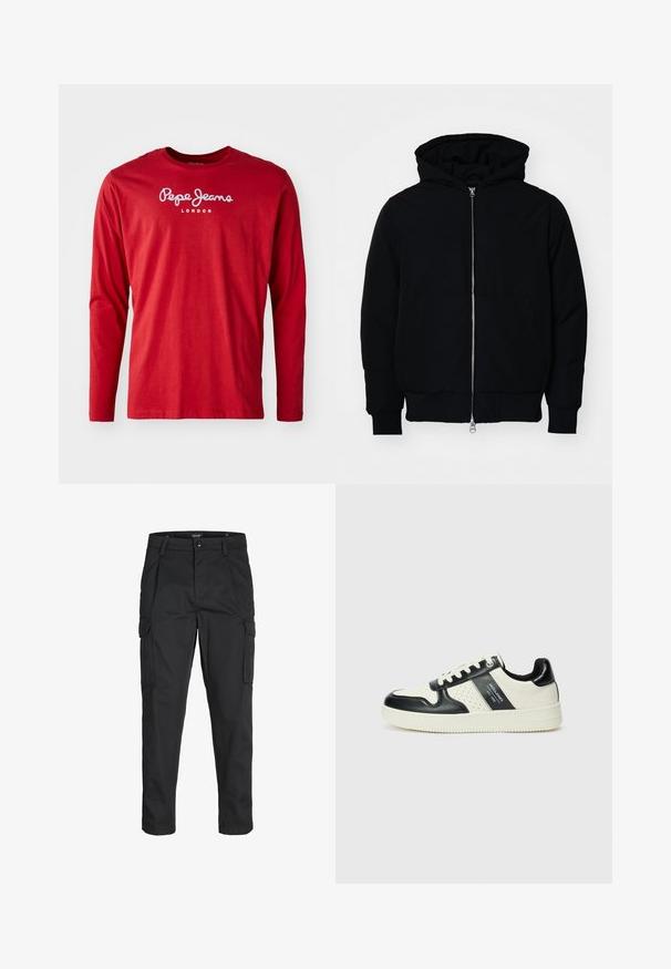 Fekete kapucnis dzseki elülső cipzárral, kenguruzsebbel, bordázott mandzsettákkal és aba, egy sima fehér háttér előtt.; Piros, hosszú ujjú, kerek nyakú póló, fehér "Pepe Jeans London" logóval a mellkasán, fehér háttér előtt.; Fekete cargo nadrág, amely tartós anyagból készült, több zsebet tartalmaz, gombos záródással rendelkezik, és karcsú szabású, szűkített lábakkal bír.; Fekete és krém színű bőrsneaker, perforált díszítésekkel, párnázott bokapánttal és texturált talppal.