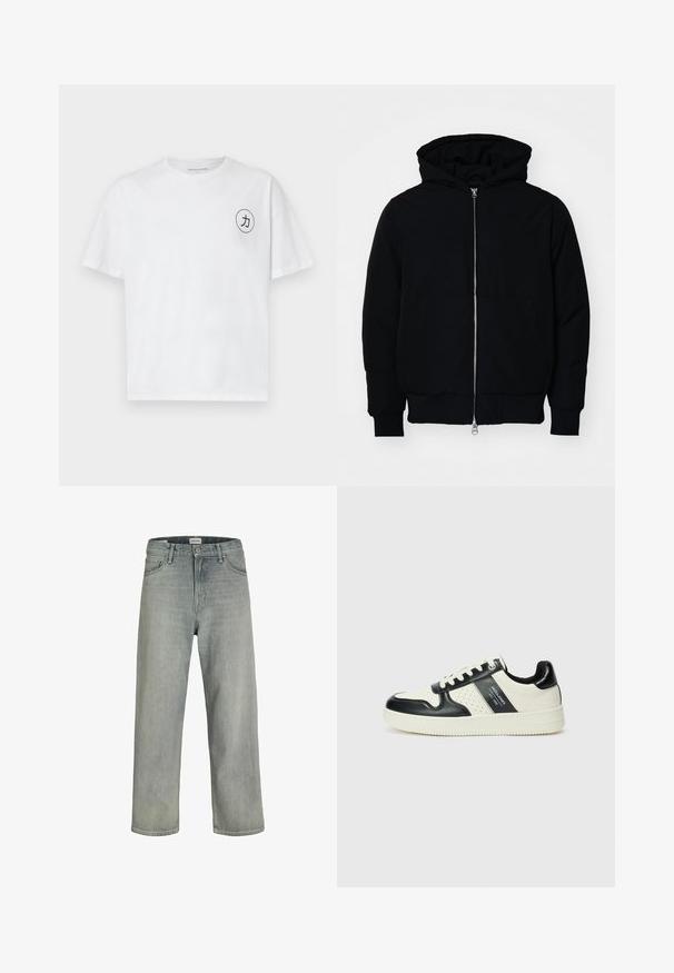 Mustaga kapuutsiga jakk, millel on esineed, kenguru tasku, soonikkoes, ja alläär, esitatud lihtsal valgel taustal.; Valge puuvillane T-särk ümmarguse kaelusega, lühikeste varrukatega ja vasakul rinnal ringikujuline must graafika, millel on tegelane.; Heledad hallhallid, laia lõikega denimist teksased. Omavad klassikalist viie tasku disaini, vööloopse ja sirget säärelõiget.; Nahatud nahkkingad musta ja kreemi värviskeemiga, millel on perforeeritud aktsendid, pehme krae ja tekstureeritud tallad.