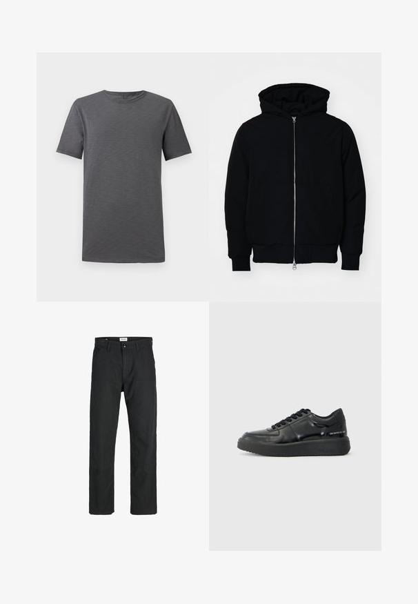 Černá kapucňová bunda s předním zipem, klokaní kapsou, vroubkovanými manžetami a spodním lemem, vystavená na čistém bílém pozadí.; Šedé tričko s krátkým rukávem vystavené na bílém pozadí, s kulatým výstřihem a jednoduchým, neformálním designem.; Černé kalhoty vyrobené z odolné tkaniny, s rovnými nohavicemi, šitými akcenty a dvěma předními kapsami pro praktičnost.; Černé kožené tenisky s hladkým povrchem, kulatou špičkou a kontrastní černou gumovou podrážkou. Mají ploché tkaničky a značkování na boku.