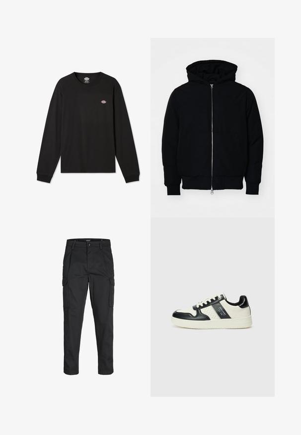 Juodas gobtuvėlis su priekiniu užtrauktuku, kengūros tipo kišene, lygiais rankogaliais ir apvadu, pateiktas ant vientiso balto fono.; Juodas ilgam rankovėmis marškinėliai iš medvilnės, su mažuoju daugiamačiu Dickies logotipu kairėje krūtinės pusėje ir timpos rankogaliais.; Juodi krovinių tipo džinsai, pagaminti iš tvirto audinio, su keliais kišeniais, mygtuko uždarymu ir siauru, prigludusiu dizainu su siaurėjančiomis kojomis.; Odiniai sportbačiai juodos ir kreminės spalvų schemoje, su perforuotais akcentais, paminkštinta apykakle ir tekstūruotu padu.