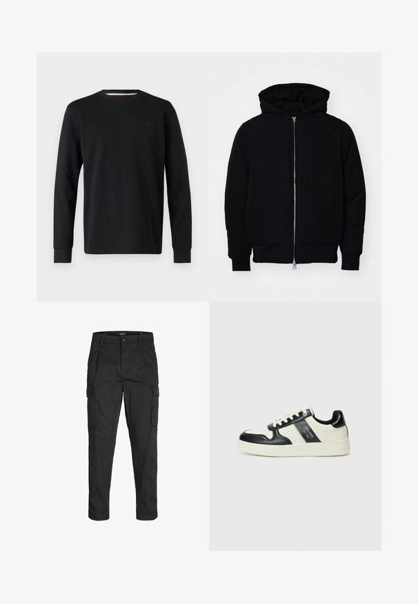 Giacca nera con cappuccio, dotata di zip frontale, tasca a marsupio, polsini e orlo a coste, esposta su uno sfondo bianco semplice.; Replay Maglietta a manica lunga - black; Pantaloni cargo neri realizzati in un tessuto resistente, dotati di molteplici tasche, chiusura con bottone e un design aderente con gambe affusolate.; Sneakers in pelle con una combinazione di colori nero e crema, dotati di dettagli perforati, collare imbottito e suola testurizzata.