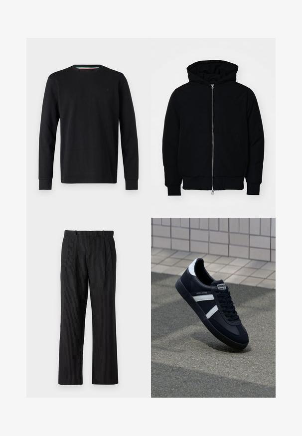 Chaqueta negra con capucha, cierre frontal, bolsillo tipo canguro, y puños y dobladillo acanalados, exhibida sobre un fondo blanco liso.; Replay Camiseta de manga larga - black; Jack & Jones JPSTBILL JJDAYTONA WIDE - Pantalones - black; Zapatilla de cuero negra con rayas blancas, suela de goma texturizada y parte frontal con cordones. Cuenta con una etiqueta de marca en la lengüeta.