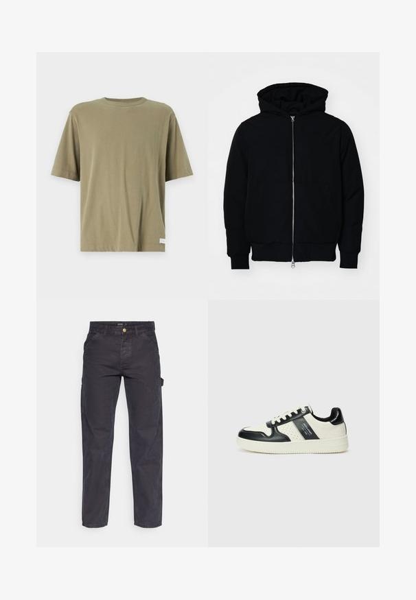 Černá kapucňová bunda s předním zipem, klokaní kapsou, vroubkovanými manžetami a spodním lemem, vystavená na čistém bílém pozadí.; Abercrombie & Fitch PREMIUM CREW JOCKTAG - Jednoduché tričko - mermaid; Tmavě šedé cargo kalhoty vyrobené z odolné látky, s rovnými nohavicemi, pěti kapsami a knoflíkovým zapínáním v pase.; Kožené tenisky s černobílou barevnou kombinací, které mají perforované detaily, polstrovaný límec a texturovanou podrážku.