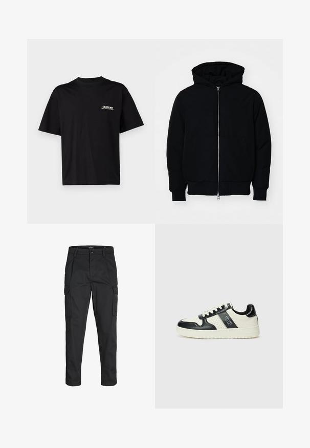 Mustaga kapuutsiga jakk, millel on esineed, kenguru tasku, soonikkoes, ja alläär, esitatud lihtsal valgel taustal.; Must musta T-särk lühikeste varrukatega, ümar kaelus ja valge ja kuldse tekstiga vasakul rinnal trükk, millel on mugav lõige.; Mustad mustapõlvik, mis on valmistatud tugeva koe kasutades, sisaldab mitmeid taskuid, nupule kinnitatav sulgemine ja kitsenev disain.; Nahatud nahkkingad musta ja kreemi värviskeemiga, millel on perforeeritud aktsendid, pehme krae ja tekstureeritud tallad.