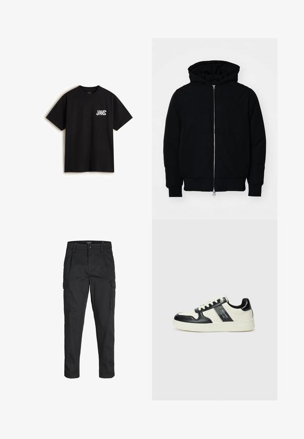 Černá kapucňová bunda s předním zipem, klokaní kapsou, vroubkovanými manžetami a spodním lemem, vystavená na čistém bílém pozadí.; Vans CHAOS - Triko s potiskem - black; Černé cargo kalhoty vyrobené z odolné tkaniny, s mnoha kapsami, knoflíkovým zapínáním a slim fit střihem se zúženými nohavicemi.; Kožené tenisky s černobílou barevnou kombinací, které mají perforované detaily, polstrovaný límec a texturovanou podrážku.