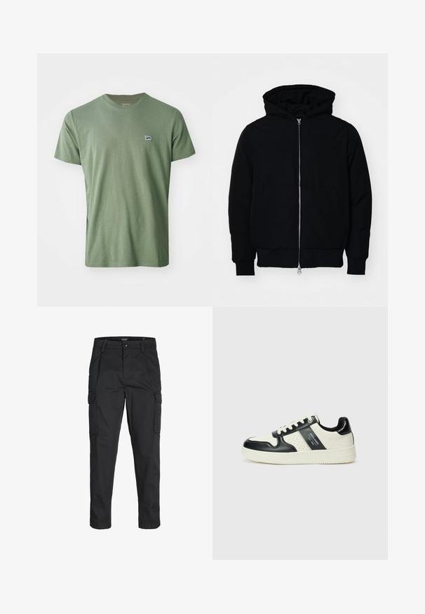 Sort hættejakke med frontlynlås, kængurulomme, ribbede manchetter og kant, præsenteret på en ensfarvet hvid baggrund.; Lee PATCH LOGO TEE - T-shirts basic - olive stone; Sorte cargo-bukser lavet af slidstærkt stof, der har flere lommer, en knaplukning og et slim fit design med smalle ben.; Lædersneakers i sort og creme farveskema, med perforerede detaljer, en polstret krave og en struktureret ydersål.