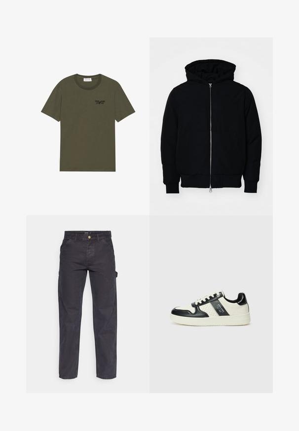 Černá kapucňová bunda s předním zipem, klokaní kapsou, vroubkovanými manžetami a spodním lemem, vystavená na čistém bílém pozadí.; Pier One Jednoduché tričko - forest night; Tmavě šedé cargo kalhoty vyrobené z odolné látky, s rovnými nohavicemi, pěti kapsami a knoflíkovým zapínáním v pase.; Kožené tenisky s černobílou barevnou kombinací, které mají perforované detaily, polstrovaný límec a texturovanou podrážku.