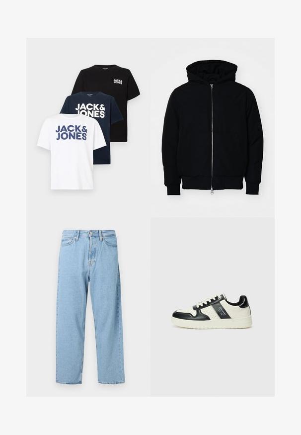 Chaqueta negra con capucha, cierre frontal, bolsillo tipo canguro, y puños y dobladillo acanalados, exhibida sobre un fondo blanco liso.; Tres camisetas de manga corta con cuello redondo en blanco, marino y negro, cada una con "JACK & JONES" impreso en negrita en la parte delantera o en el pecho.; Vaqueros de cintura alta de corte recto en azul claro, con cinco bolsillos y cierre frontal con botón y cremallera.; Zapatillas de cuero con un esquema de colores negro y crema, que cuentan con acentos perforados, un collar acolchado y una suela texturizada.