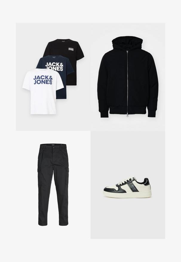 Black hooded jacket with front zipper, kangaroo pocket, ribbed cuffs, and hem, displayed on a plain white background.; Three short-sleeve crew neck t-shirts in white, navy, and black, each with "JACK & JONES" printed in bold on the front or chest.; Black cargo pants made of sturdy fabric, featuring multiple pockets, a button closure, and a slim fit design with tapered legs.; Leather sneakers with a black and cream color scheme, featuring perforated accents, a padded collar, and a textured outsole.