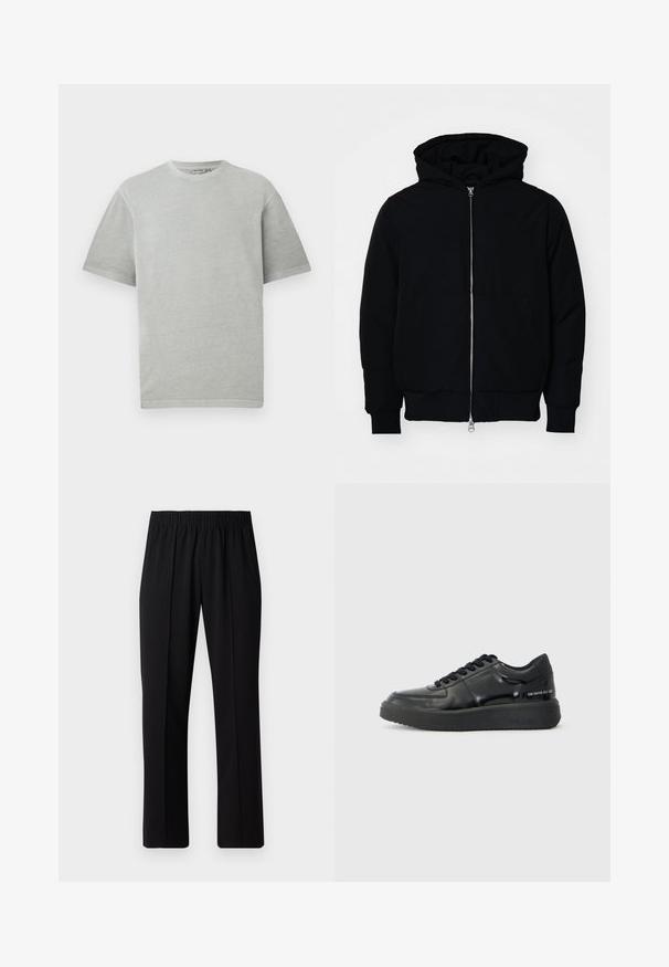 Black hooded jacket with front zipper, kangaroo pocket, ribbed cuffs, and hem, displayed on a plain white background.; Light gray t-shirt with short sleeves and a crew neck, displayed on a plain white background.; Black, elastic-waist trousers with a straight-leg design, featuring a smooth texture and no visible patterns or hardware.; Black leather sneakers with a smooth finish, round toe, and contrasting black rubber sole. Features flat laces and branding on the side.