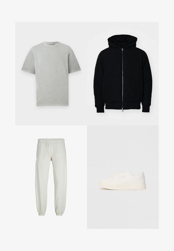 Zwarte hoodie met rits aan de voorkant, kangoeroe-pocket, geribbelde manchetten en zoom, weergegeven op een effen witte achtergrond.; Lichtgrijze t-shirt met korte mouwen en ronde hals, weergegeven op een effen witte achtergrond.; Witte sweatpants gemaakt van zachte stof, met een elastische tailleband en boorden, een gladde textuur en een losvallend ontwerp.; Witte instap sneakers met een gestructureerd oppervlak, een dikke zool en een minimalistisch ontwerp. Bevat het merklogo aan de zijkant.