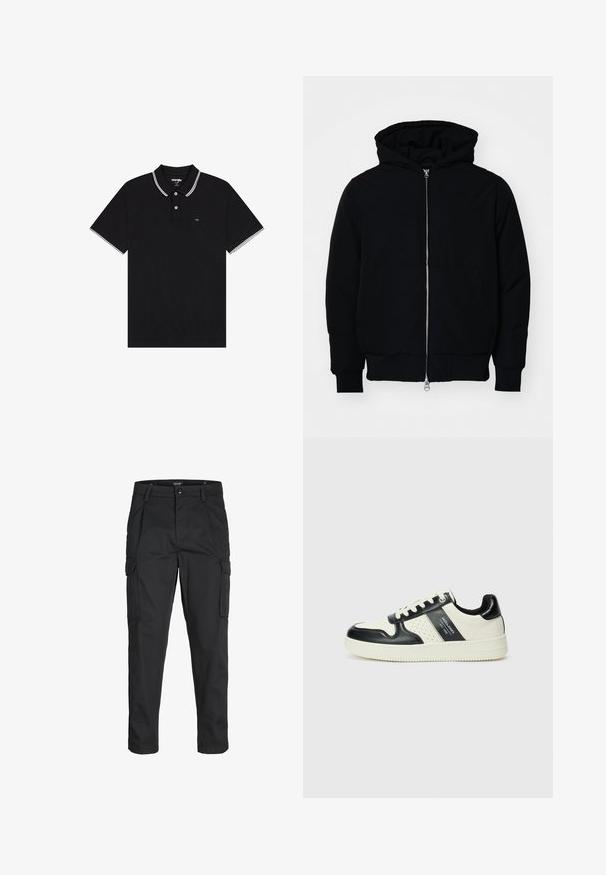 Črna kapuca jakna s sprednjim zadrgo, kenguru žepom, rebrastimi manšetami in hemom, razstavljena na enostavni beli ozadju.; Črna polo majica iz teksturirane tkanine, z zloženim ovratnikom z belimi akcenti, dvema gumboma in majhnim logotipom na prsih.; Črne cargo hlače iz trdnega blaga, ki imajo več žepov, gumbasto zapiranje in ozek kroj z zožanimi nogami.; Usnjeni športni čevlji z črno in krem barvno shemo, ki vključujejo perforirane dodatke, podložen ovratnik in strukturirano podplat.