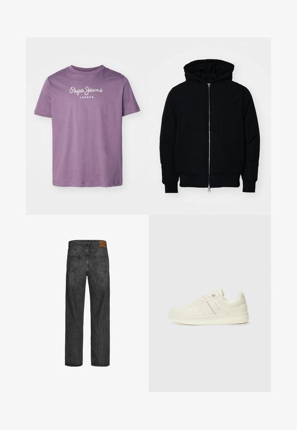 Juodas gobtuvėlis su priekiniu užtrauktuku, kengūros tipo kišene, lygiais rankogaliais ir apvadu, pateiktas ant vientiso balto fono.; Violetinės medvilnės marškinėliai trumpomis rankovėmis, su "Pepe Jeans" logotipu balta spalva ant krūtinės, apvalaus kaklo dizainas.; Juodi džinsai su tiesaus kirpimo dizainu, penkių kišenių stiliumi ir ruda odine etikete ties liemeniu. Tekstūruotas audinys su siuvimo detalėmis.; Kremo spalvos sportbačiai su perforuotomis detalėmis, raišteliais ir logotipu šone, išdėstyti prieš paprastą baltą foną.