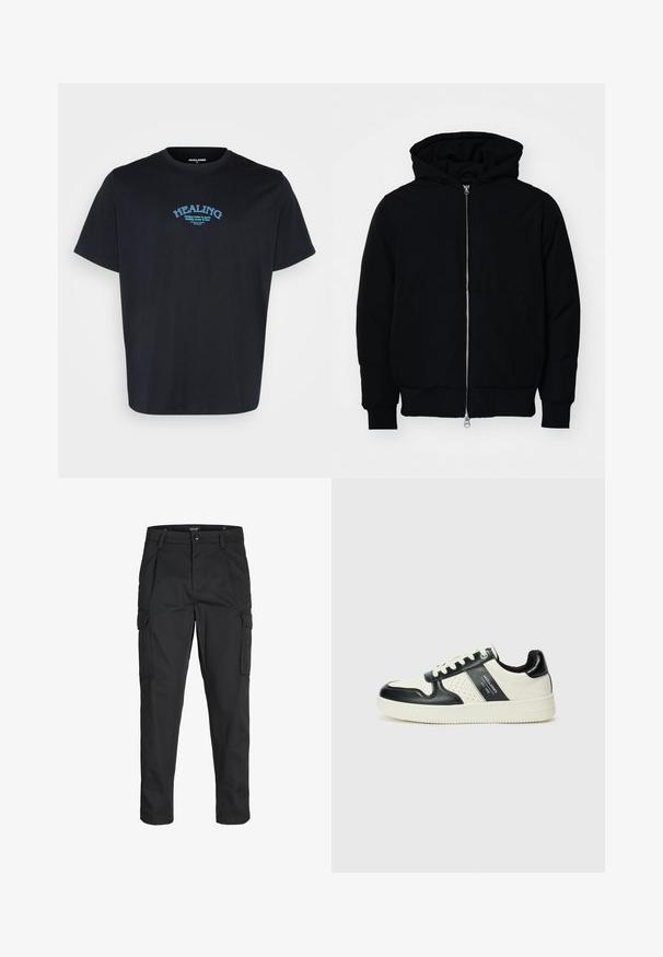 Black hooded jacket with front zipper, kangaroo pocket, ribbed cuffs, and hem, displayed on a plain white background.; Jack & Jones JORORACLE TEE CREW NECK - Print T-shirt - black; Black cargo pants made of sturdy fabric, featuring multiple pockets, a button closure, and a slim fit design with tapered legs.; Leather sneakers with a black and cream color scheme, featuring perforated accents, a padded collar, and a textured outsole.