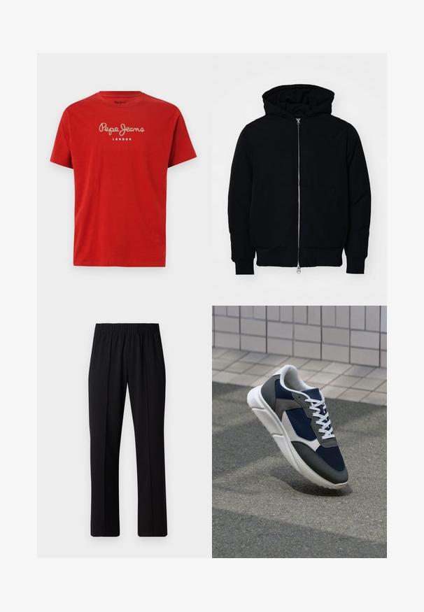 Svart hettejakke med frontglidelås, kengurulomme, ribbestrikket mansjetter og søm, vist på en ensfarget hvit bakgrunn.; Rød bomull T-skjorte med korte ermer. Har "Pepe Jeans" logo i kursiv og "LONDON" trykket under i hvitt. Klassisk rund hals.; Svart, elastisk midjebukser med rett ben-design, med en glatt tekstur og uten synlige mønstre eller maskinvare.; Sneakers med en navy blå mesh-overdel, grå sømværk, hvit gummisåle og flate hvite snører, designet for komfort og pusteevne.
