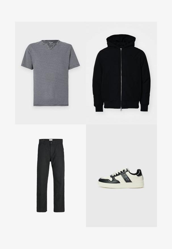 Čierna kapucňová bunda s predným zipsom, klokaními vreckami, rebrovanými manžetami a lemom, zobrazená na bielom pozadí.; Tričko s krátkym rukávom, námornícko modré a biele pruhované, zaoblený výstrih a dve gombíky, vyrobené z jemnej bavlnenej látky.; Čierne nohavice vyrobené z odolného materiálu, s rovnými nohavicami, prešitými detailmi a dvoma prednými vreckami pre väčšiu funkčnosť.; Kožené tenisky v čierno-krémovej farbe, s perforovanými akcentmi, polstrovaným golierom a štruktúrovanou podrážkou.