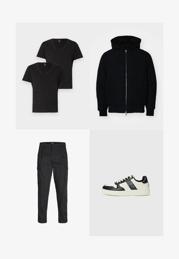 Svart hettejakke med frontglidelås, kengurulomme, ribbestrikket mansjetter og søm, vist på en ensfarget hvit bakgrunn.; To svarte v-hals t-skjorter laget av myk bomull. Korte ermer og en standard passform. Minimalistisk design med en subtil logo på brystet.; Sorte cargo bukser laget av slitesterkt stoff, med flere lommer, knappelukking og en slim fit-design med avsmalnede ben.; Lædersneakers med sort og creme farveskema, der har perforerede detaljer, en polstret krave og en struktureret ydersål.