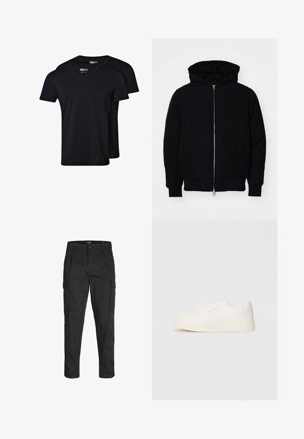 Black hooded jacket with front zipper, kangaroo pocket, ribbed cuffs, and hem, displayed on a plain white background.; Black v-neck t-shirts made of cotton blend fabric. Short sleeves, relaxed fit, and smooth texture. Pack includes two shirts.; Black cargo pants made of sturdy fabric, featuring multiple pockets, a button closure, and a slim fit design with tapered legs.; White slip-on sneakers with a textured surface, a thick sole, and minimalistic design. Features brand logo on the side.