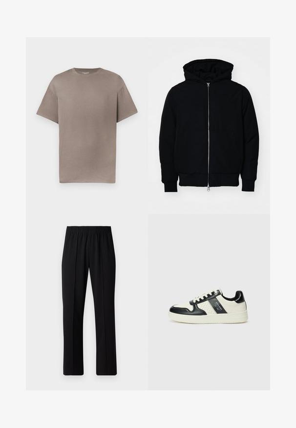 Black hooded jacket with front zipper, kangaroo pocket, ribbed cuffs, and hem, displayed on a plain white background.; Short-sleeve, crew neck t-shirt in a muted taupe color, made of cotton, featuring a relaxed fit and smooth, soft texture.; Black, elastic-waist trousers with a straight-leg design, featuring a smooth texture and no visible patterns or hardware.; Leather sneakers with a black and cream color scheme, featuring perforated accents, a padded collar, and a textured outsole.