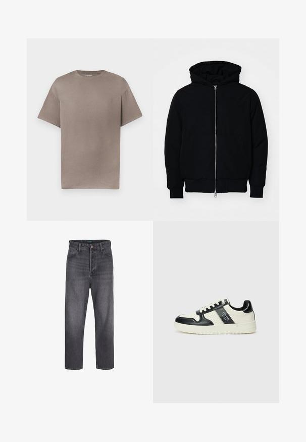 Black hooded jacket with front zipper, kangaroo pocket, ribbed cuffs, and hem, displayed on a plain white background.; Short-sleeve, crew neck t-shirt in a muted taupe color, made of cotton, featuring a relaxed fit and smooth, soft texture.; Dark gray denim jeans with a straight leg design, high waist, five-pocket styling, and light fading. Metal button and zip fly closure.; Leather sneakers with a black and cream color scheme, featuring perforated accents, a padded collar, and a textured outsole.