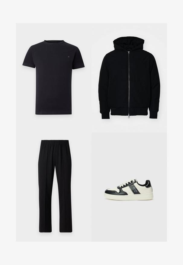 Jachetă neagră cu glugă, cu fermoar în față, buzunar tip kangaroo, mansete și tiv ribbed, prezentată pe un fundal alb simplu.; Tricou negru cu mânecă scurtă și guler rotund, cu un mic logo brodat pe pieptul stâng, design simplu, croială lejeră.; Pantaloni negri cu talie elastică, cu un design cu picioare drepte, având o textură netedă și fără modele sau accesorii vizibile.; Tenisi din piele cu un scheme de culori negru și crem, dotati cu accente perforate, guler căptușit și o talpă texturată.