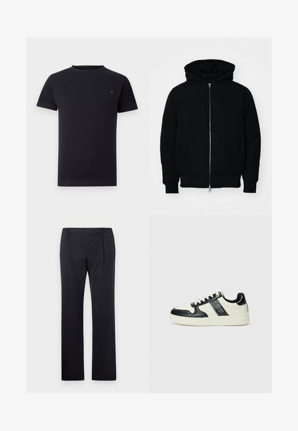 Črna kapuca jakna s sprednjim zadrgo, kenguru žepom, rebrastimi manšetami in hemom, razstavljena na enostavni beli ozadju.; Črna majica s kratkimi rokavi in okruglim izrezom, z majhnim vezenim logotipom na levi strani prsnega dela, enostaven dizajn, sproščen kroj.; Črne bombažne hlače s ravno nogavico, ki imajo gumbasto zapiranje in elastični pas za prilagodljivo prileganje. Gladka tekstura, brez vzorcev.; Usnjeni športni čevlji z črno in krem barvno shemo, ki vključujejo perforirane dodatke, podložen ovratnik in strukturirano podplat.